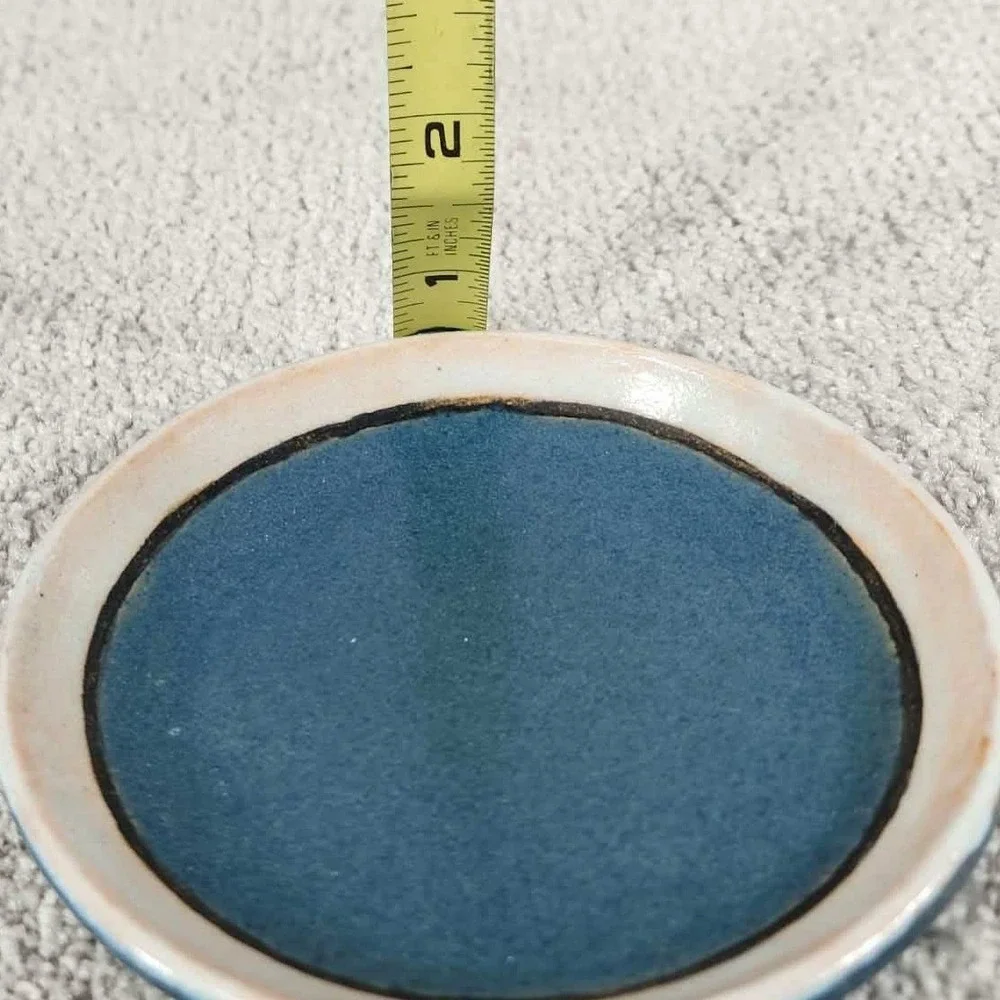 Handmade Pottery Vintage Small Ceramic Trinket Dish Blue‎ Cream Round 4 Inch